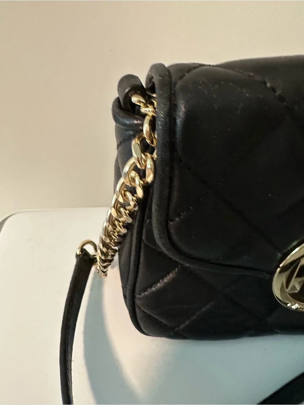 Michael Kors Black Quilted Crossbody with Gold MK Emblem